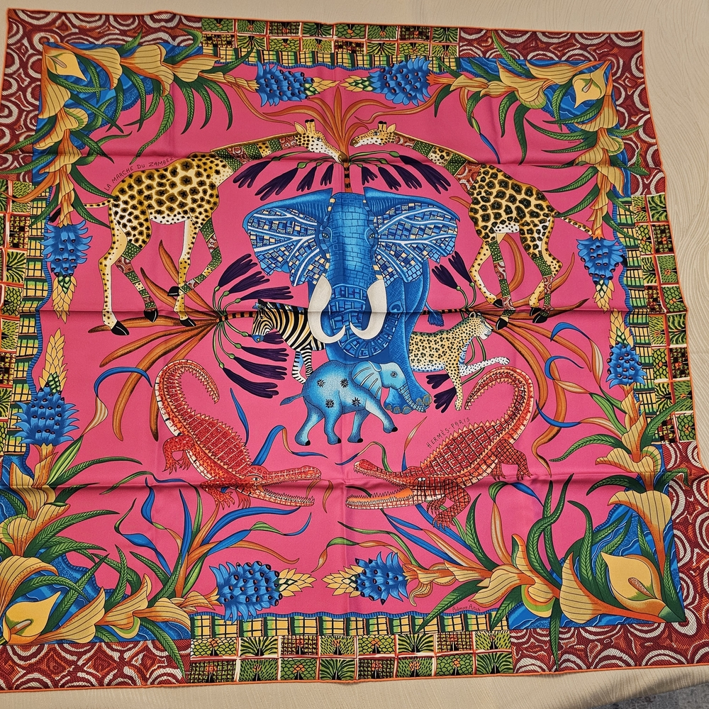 Hermes Marche Du Zambeze Pink Safari Theme Scarf